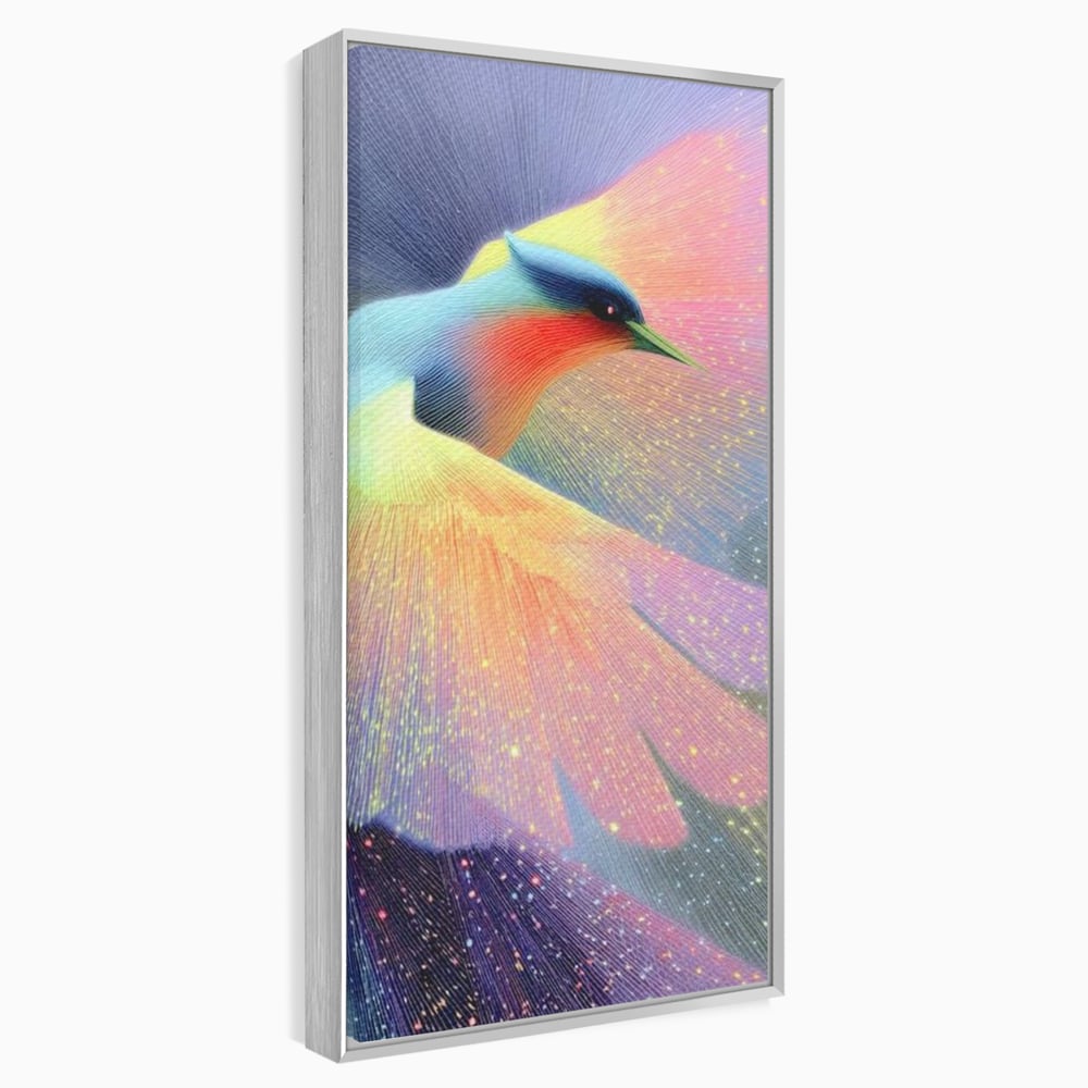 Tablou canvas cu tablou canvas cu pasare colorata in zbor, in rama de aluminiu argintiu